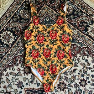 Floral One-Piece Swimsuit - Vibrant Red and Yellow